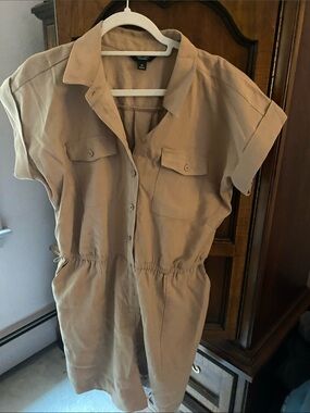 Short Sleeve Button FrontRomper in Beige